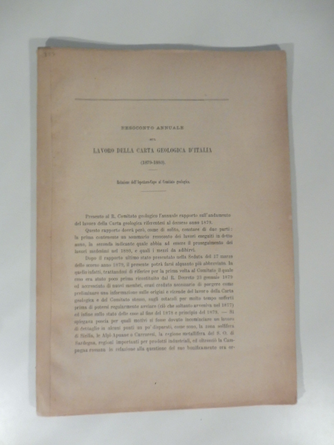 Resoconto annuale sul lavoro della carta geologica d'Italia (1879-1880). Relazione dell'Ispettore Capo al Comitato geologico